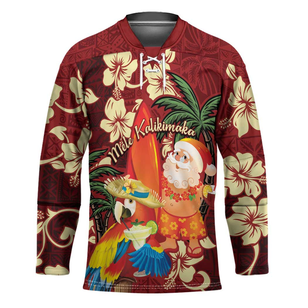 Crimson Red Tropical Christmas Hawaii Tapa Hockey Jersey Aloha Santa Drink Party - Polynesian Pride