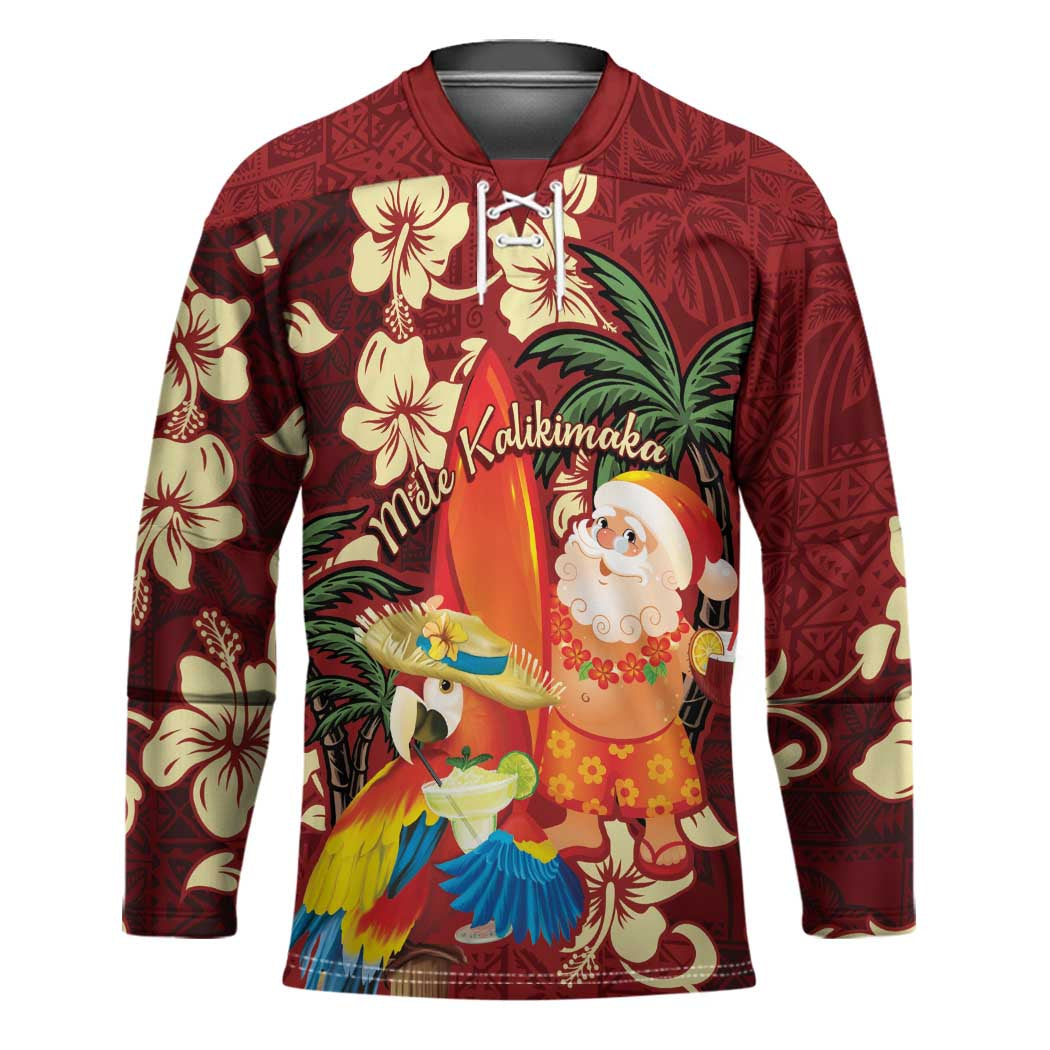 Crimson Red Tropical Christmas Hawaii Tapa Hockey Jersey Aloha Santa Drink Party - Polynesian Pride