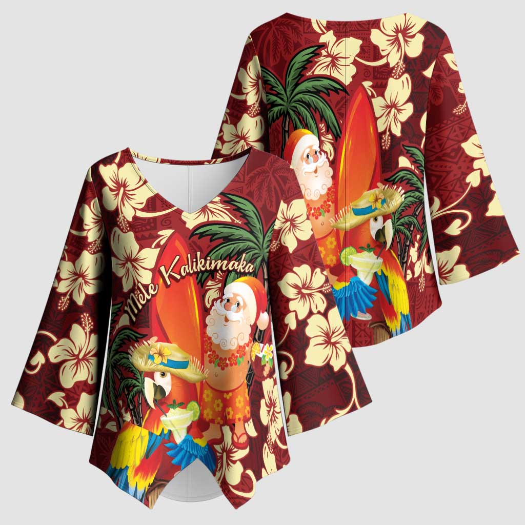 Crimson Red Tropical Christmas Hawaii Tapa Kimono Sleeve Blouse Aloha Santa Drink Party - Polynesian Pride