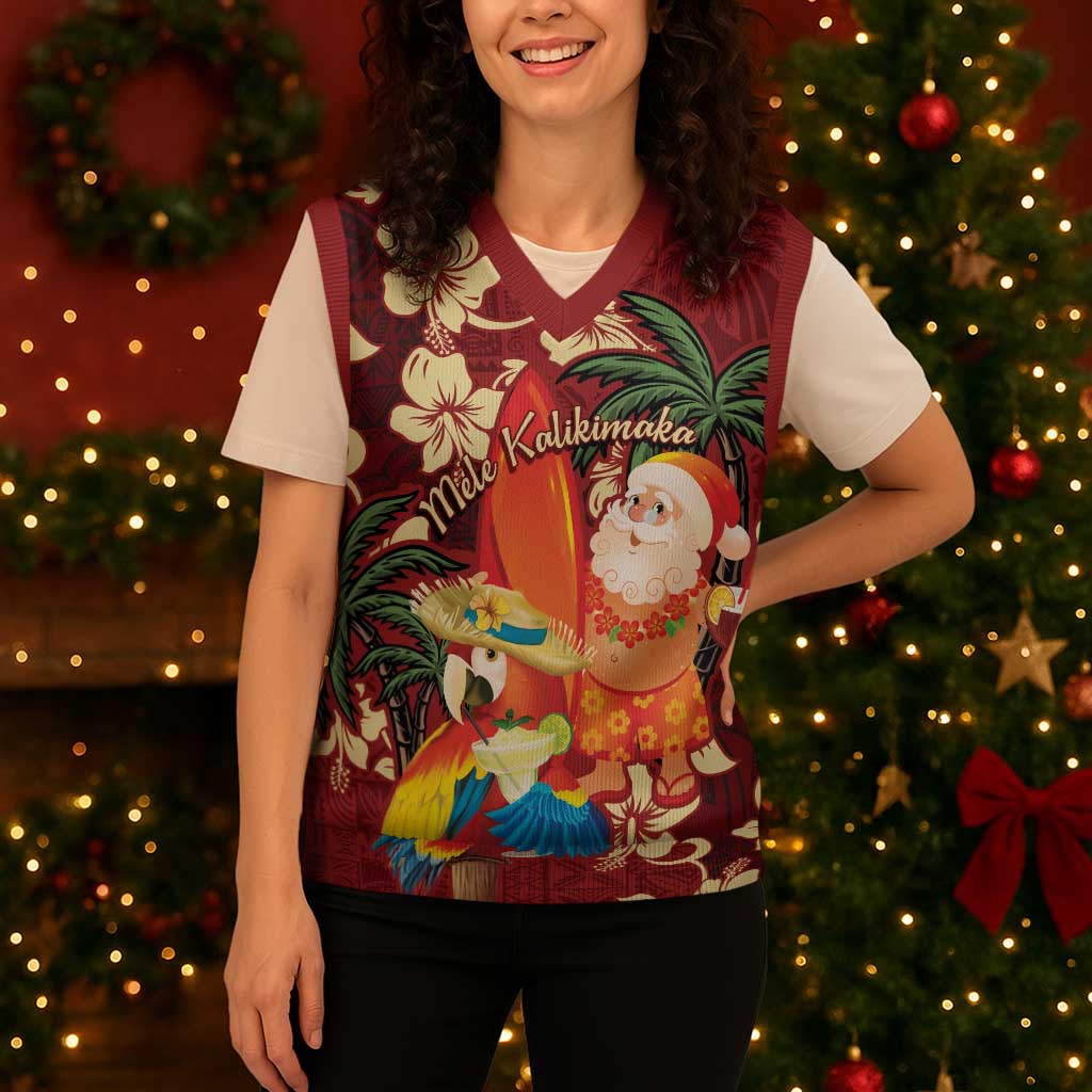 Crimson Red Tropical Christmas Hawaii Tapa Christmas Knitted V-Neck Vest Aloha Santa Drink Party - Polynesian Pride
