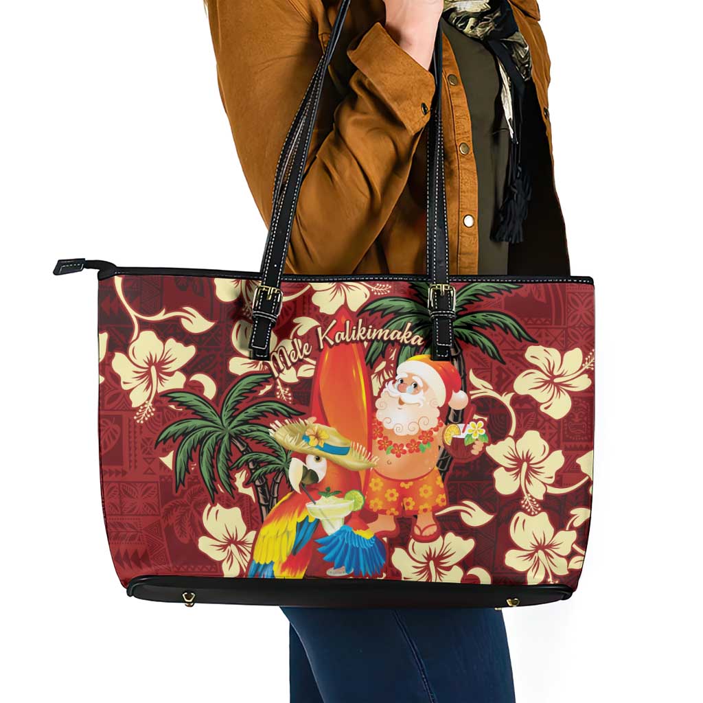 Crimson Red Tropical Christmas Hawaii Tapa Leather Tote Bag Aloha Santa Drink Party - Polynesian Pride