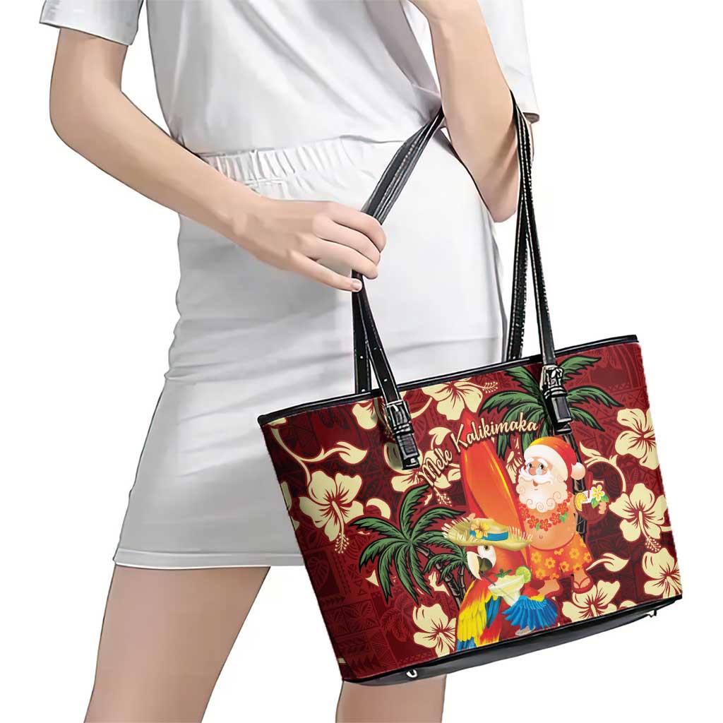 Crimson Red Tropical Christmas Hawaii Tapa Leather Tote Bag Aloha Santa Drink Party - Polynesian Pride