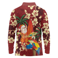 Crimson Red Tropical Christmas Hawaii Tapa Long Sleeve Polo Shirt Aloha Santa Drink Party - Polynesian Pride