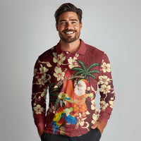 Crimson Red Tropical Christmas Hawaii Tapa Long Sleeve Polo Shirt Aloha Santa Drink Party - Polynesian Pride
