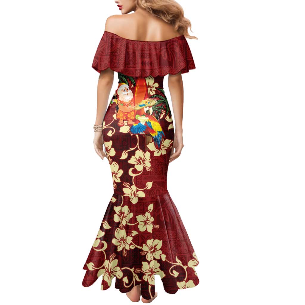 Crimson Red Tropical Christmas Hawaii Tapa Mermaid Dress Aloha Santa Drink Party - Polynesian Pride