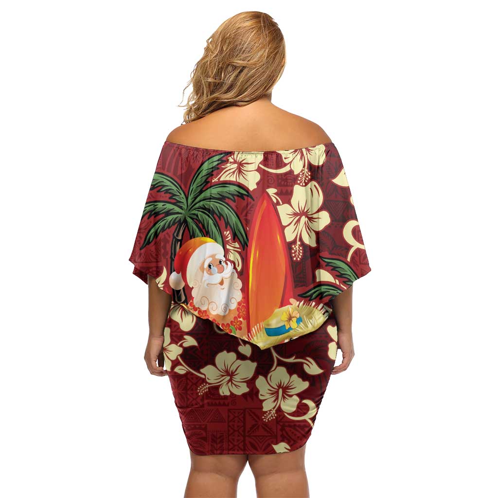 Crimson Red Tropical Christmas Hawaii Tapa Off Shoulder Short Dress Aloha Santa Drink Party - Polynesian Pride