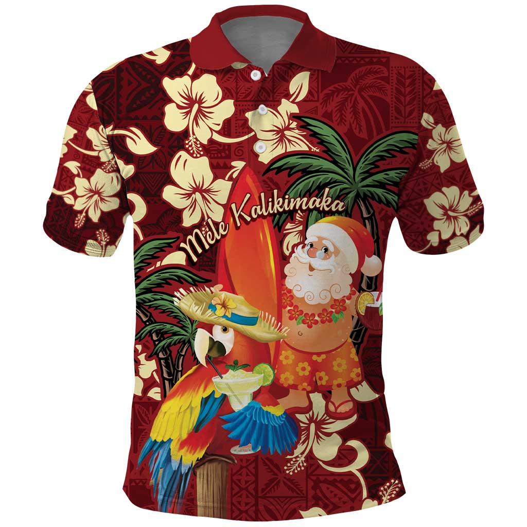 Crimson Red Tropical Christmas Hawaii Tapa Polo Shirt Aloha Santa Drink Party - Polynesian Pride