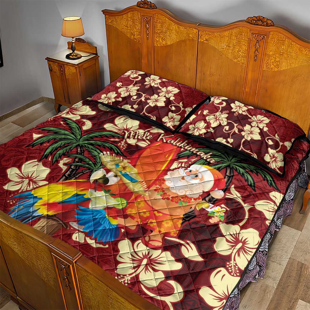 Crimson Red Tropical Christmas Hawaii Tapa Quilt Bed Set Aloha Santa Drink Party - Polynesian Pride