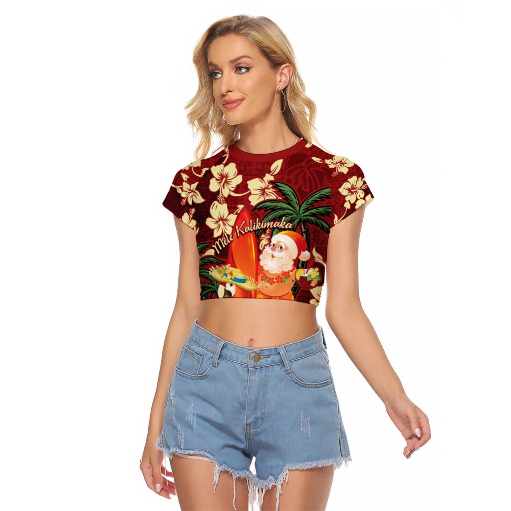 Crimson Red Tropical Christmas Hawaii Tapa Raglan Cropped T Shirt Aloha Santa Drink Party - Polynesian Pride