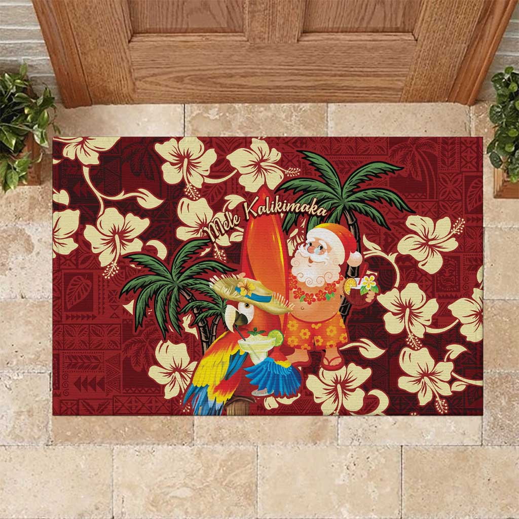 Crimson Red Tropical Christmas Hawaii Tapa Rubber Doormat Aloha Santa Drink Party - Polynesian Pride