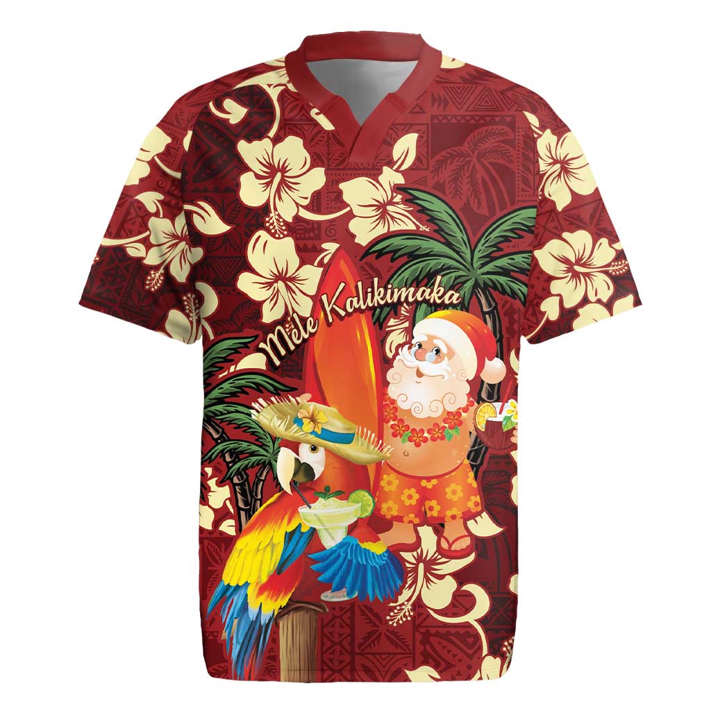 Crimson Red Tropical Christmas Hawaii Tapa Rugby Jersey Aloha Santa Drink Party - Polynesian Pride