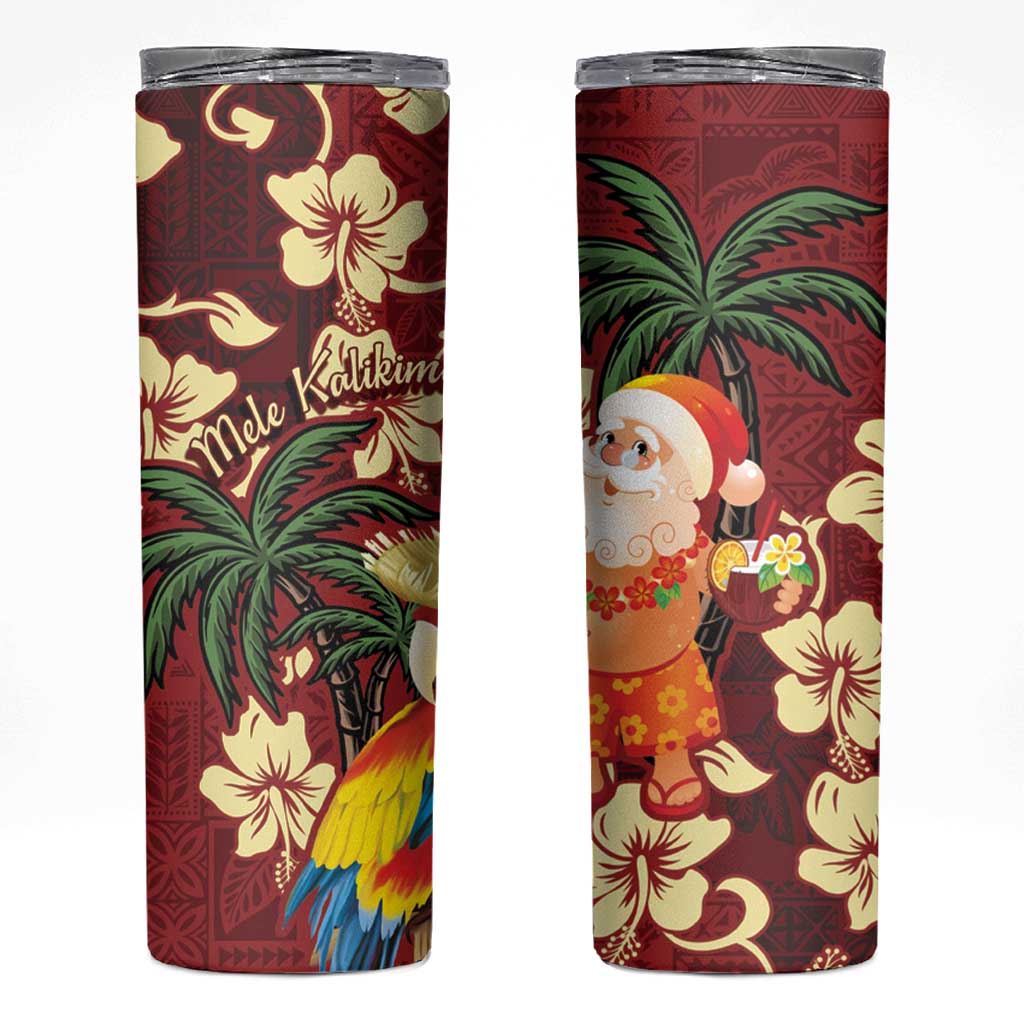Crimson Red Tropical Christmas Hawaii Tapa Skinny Tumbler Aloha Santa Drink Party - Polynesian Pride
