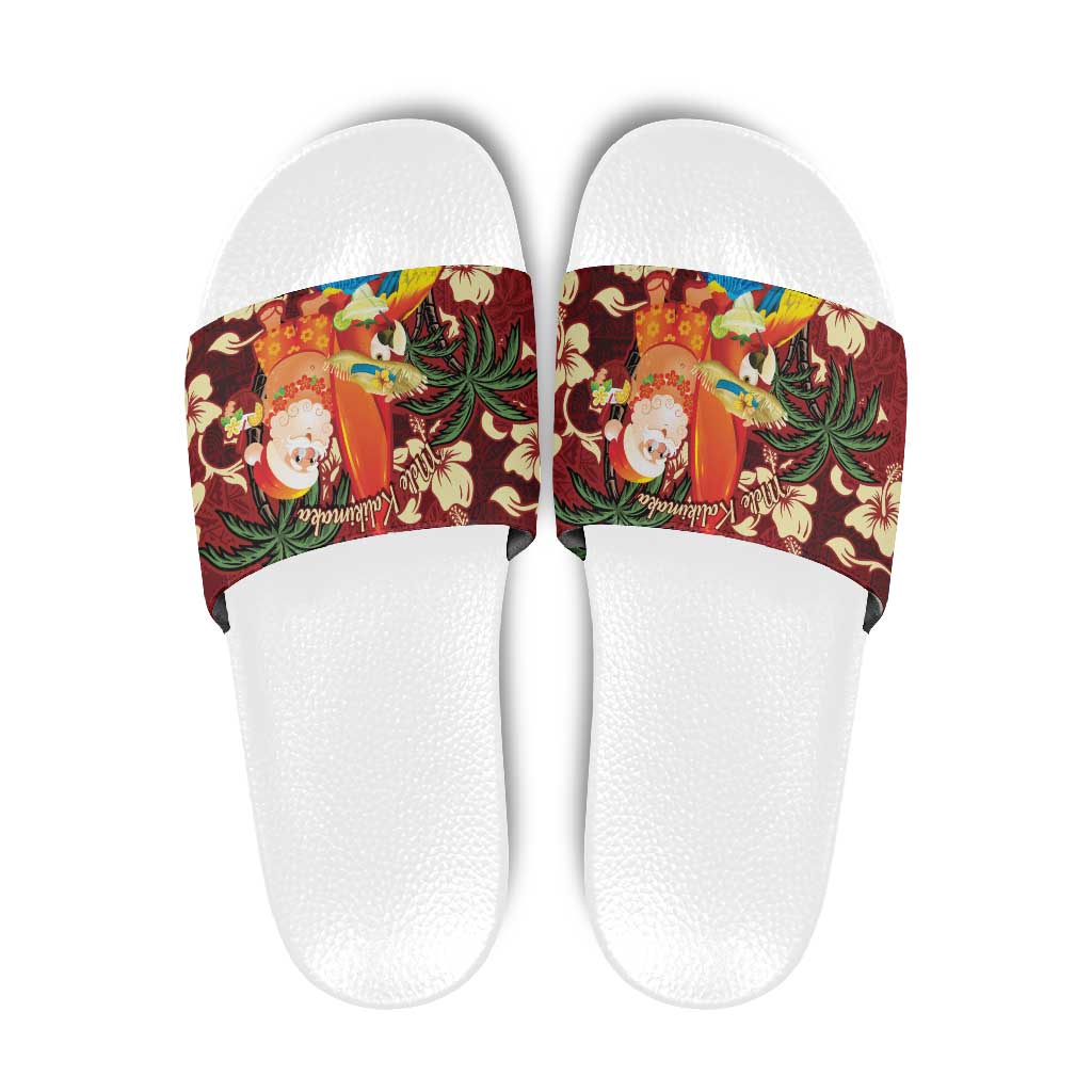 Crimson Red Tropical Christmas Hawaii Tapa Slide Sandals Aloha Santa Drink Party - Polynesian Pride