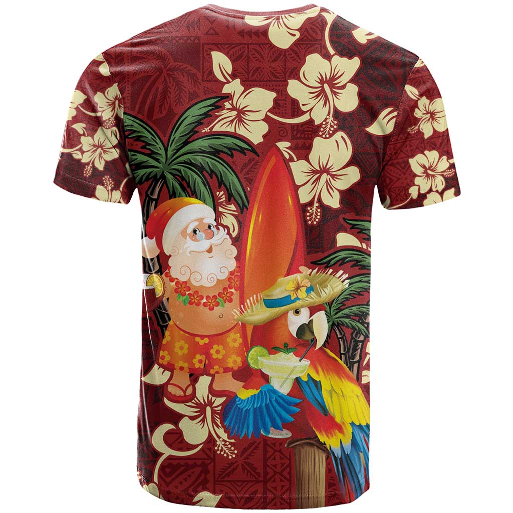 Crimson Red Tropical Christmas Hawaii Tapa T Shirt Aloha Santa Drink Party - Polynesian Pride