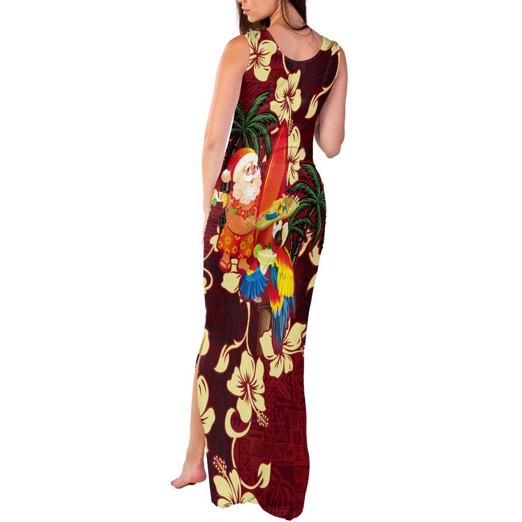 Crimson Red Tropical Christmas Hawaii Tapa Tank Maxi Dress Aloha Santa Drink Party - Polynesian Pride