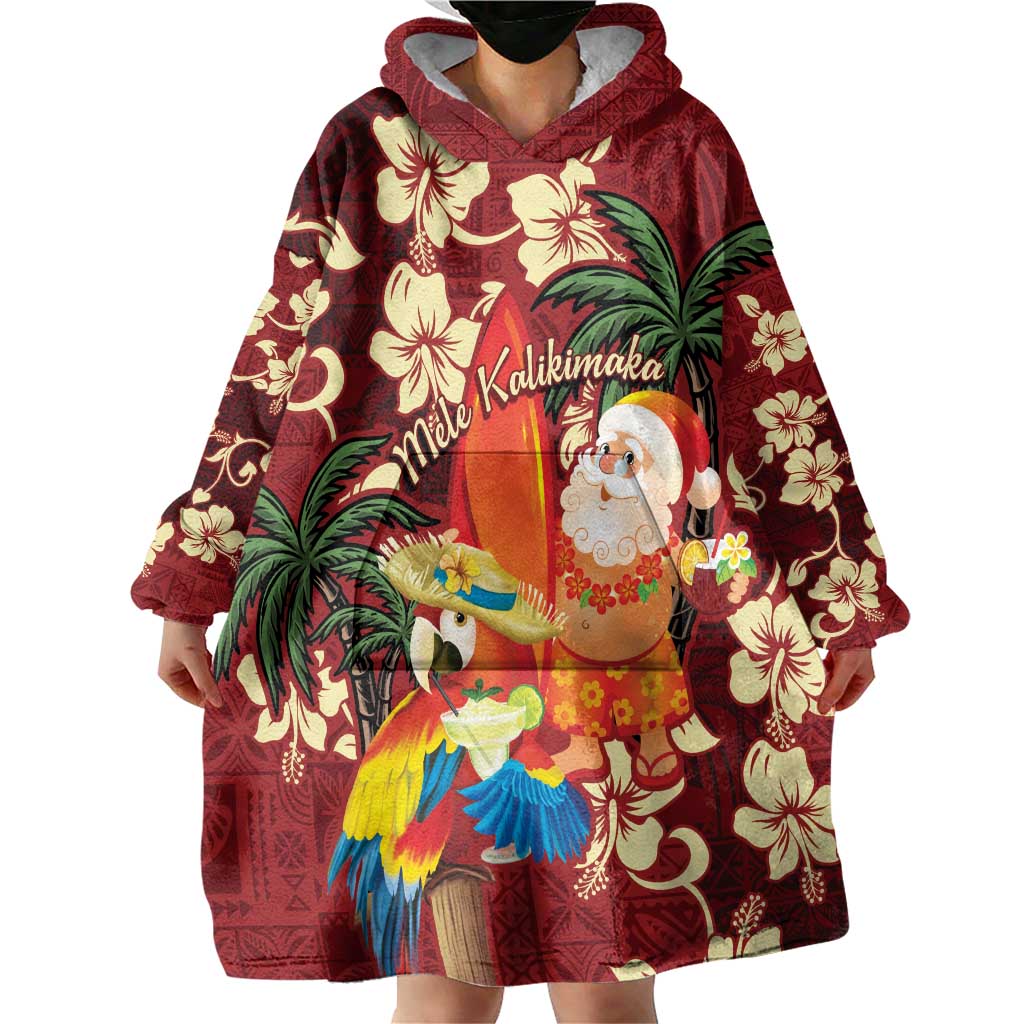 Crimson Red Tropical Christmas Hawaii Tapa Wearable Blanket Hoodie Aloha Santa Drink Party - Polynesian Pride