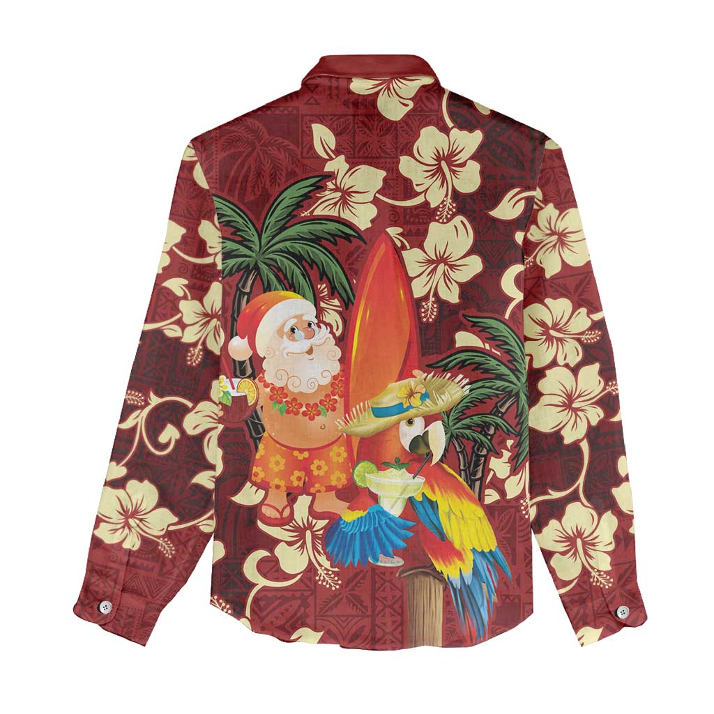 Crimson Red Tropical Christmas Hawaii Tapa Women Casual Shirt Aloha Santa Drink Party - Polynesian Pride