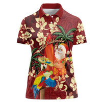 Crimson Red Tropical Christmas Hawaii Tapa Women Polo Shirt Aloha Santa Drink Party - Polynesian Pride