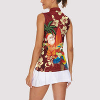 Crimson Red Tropical Christmas Hawaii Tapa Women Sleeveless Polo Shirt Aloha Santa Drink Party LT7 - Polynesian Pride