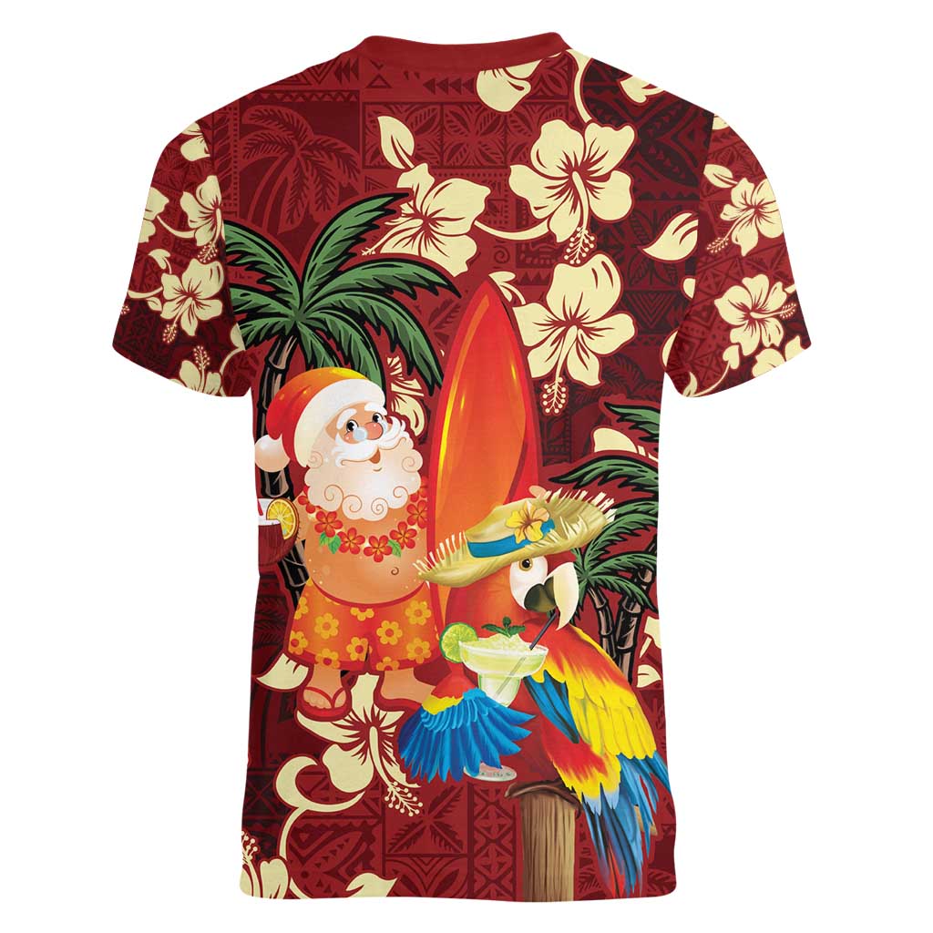 Crimson Red Tropical Christmas Hawaii Tapa Women V-Neck T-Shirt Aloha Santa Drink Party - Polynesian Pride