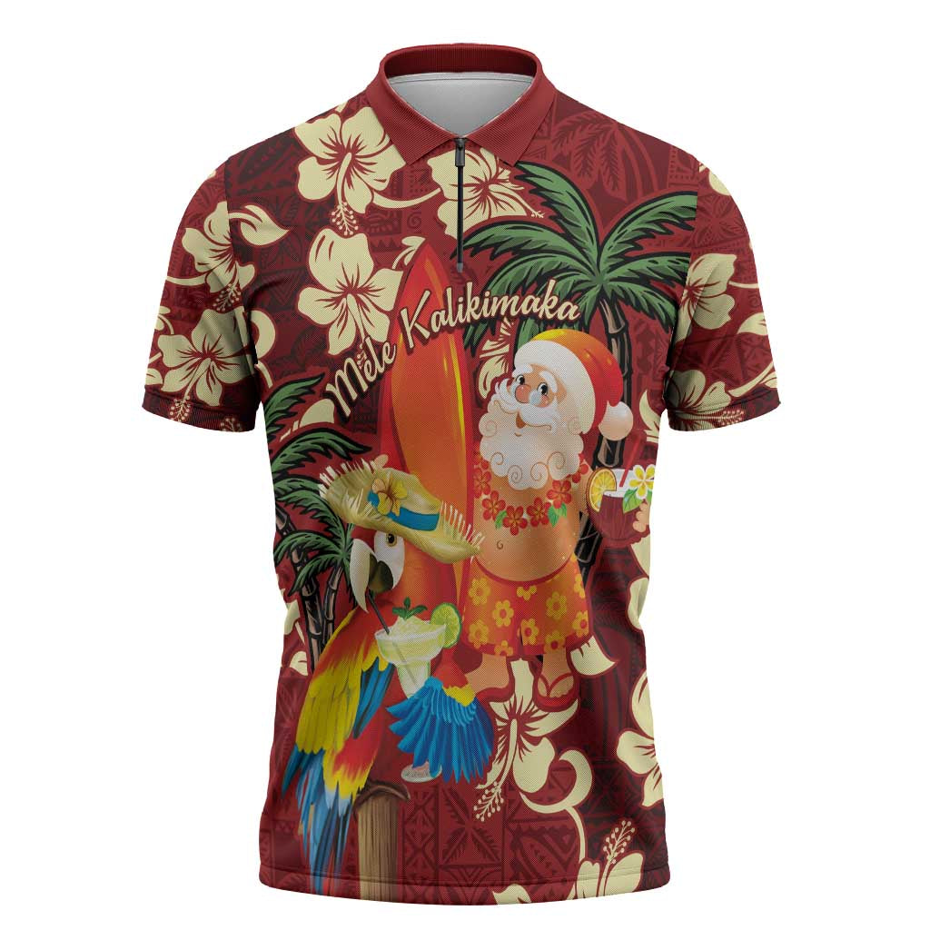 Crimson Red Tropical Christmas Hawaii Tapa Zipper Polo Shirt Aloha Santa Drink Party - Polynesian Pride