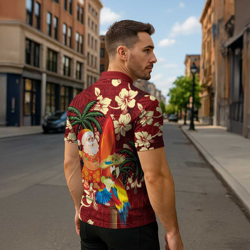 Crimson Red Tropical Christmas Hawaii Tapa Zipper Polo Shirt Aloha Santa Drink Party - Polynesian Pride