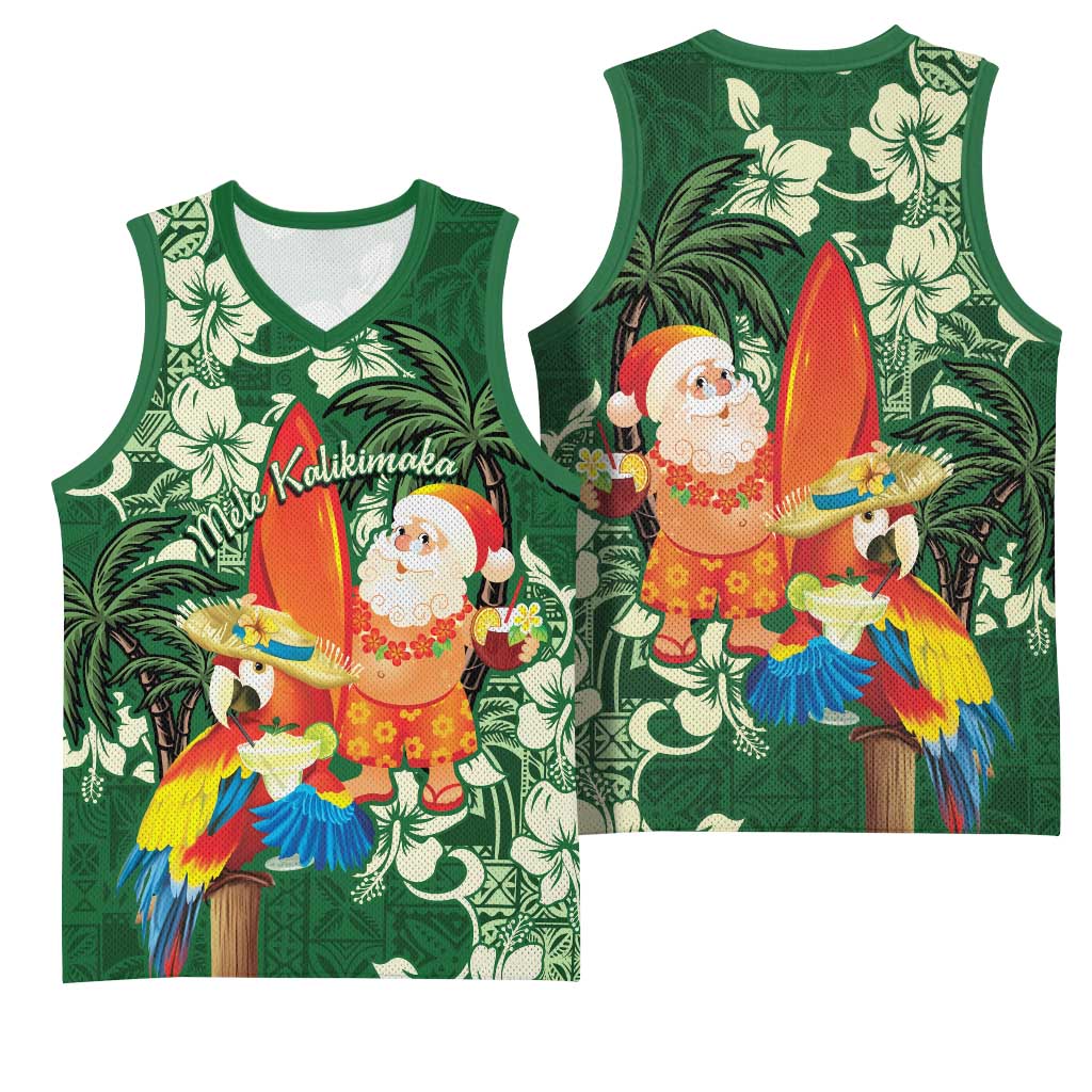 Moss Green Tropical Christmas Hawaii Tapa Basketball Jersey Aloha Santa Drink Party - Polynesian Pride
