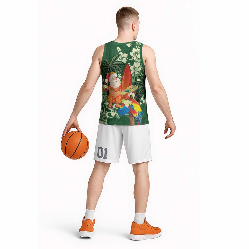 Moss Green Tropical Christmas Hawaii Tapa Basketball Jersey Aloha Santa Drink Party - Polynesian Pride
