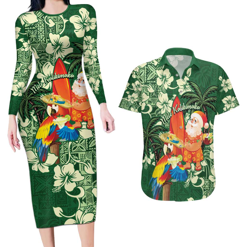 Moss Green Tropical Christmas Hawaii Tapa Couples Matching Long Sleeve Bodycon Dress and Hawaiian Shirt Aloha Santa Drink Party LT7 Green - Polynesian Pride