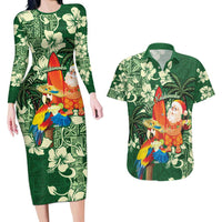 Moss Green Tropical Christmas Hawaii Tapa Couples Matching Long Sleeve Bodycon Dress and Hawaiian Shirt Aloha Santa Drink Party LT7 Green - Polynesian Pride