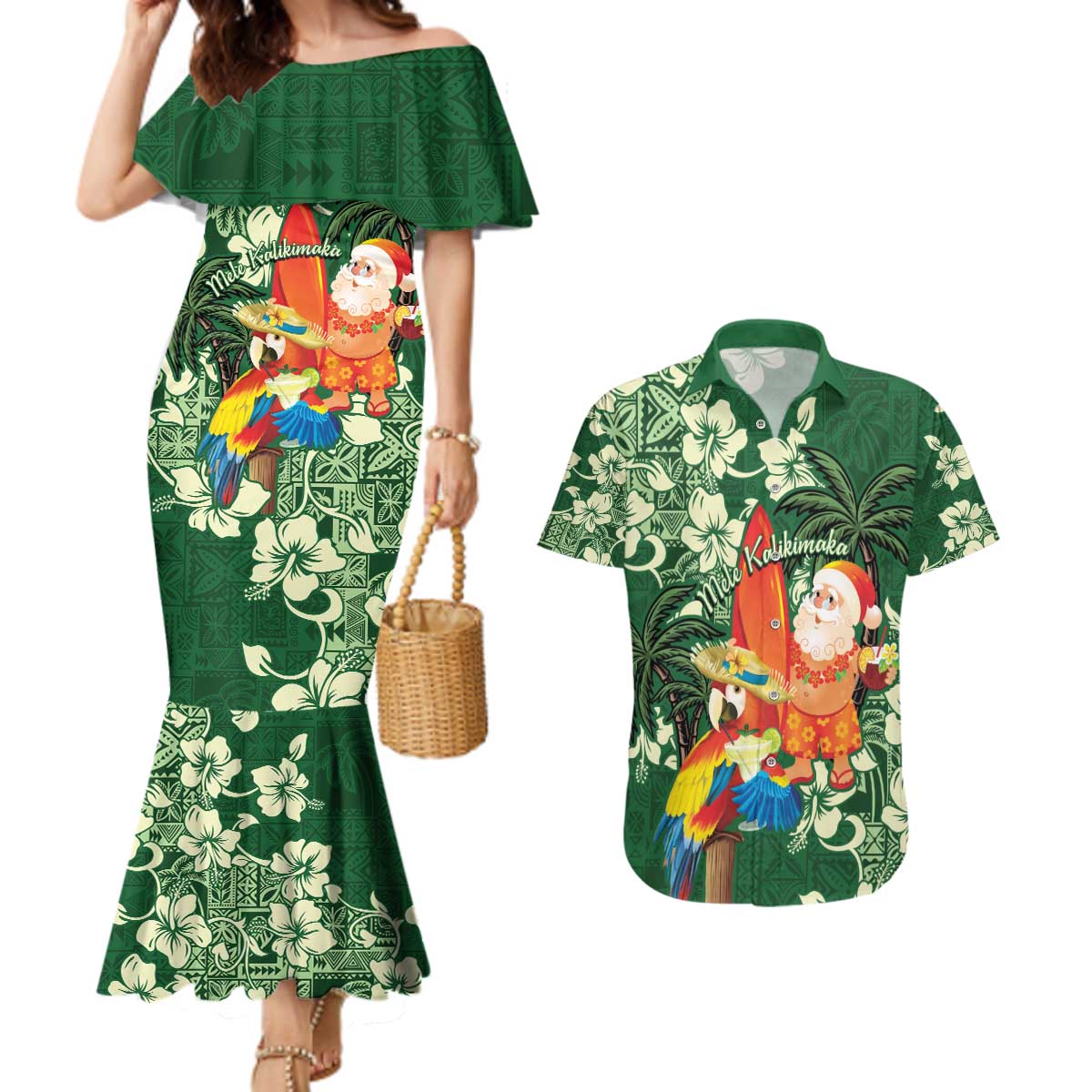 Moss Green Tropical Christmas Hawaii Tapa Couples Matching Mermaid Dress and Hawaiian Shirt Aloha Santa Drink Party LT7 Green - Polynesian Pride