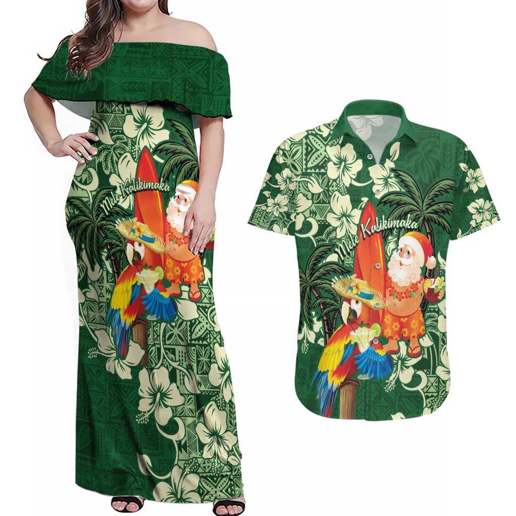 Moss Green Tropical Christmas Hawaii Tapa Couples Matching Off Shoulder Maxi Dress and Hawaiian Shirt Aloha Santa Drink Party LT7 Green - Polynesian Pride