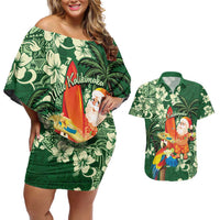 Moss Green Tropical Christmas Hawaii Tapa Couples Matching Off Shoulder Short Dress and Hawaiian Shirt Aloha Santa Drink Party LT7 Green - Polynesian Pride