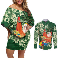 Moss Green Tropical Christmas Hawaii Tapa Couples Matching Off Shoulder Short Dress and Long Sleeve Button Shirt Aloha Santa Drink Party LT7 Green - Polynesian Pride