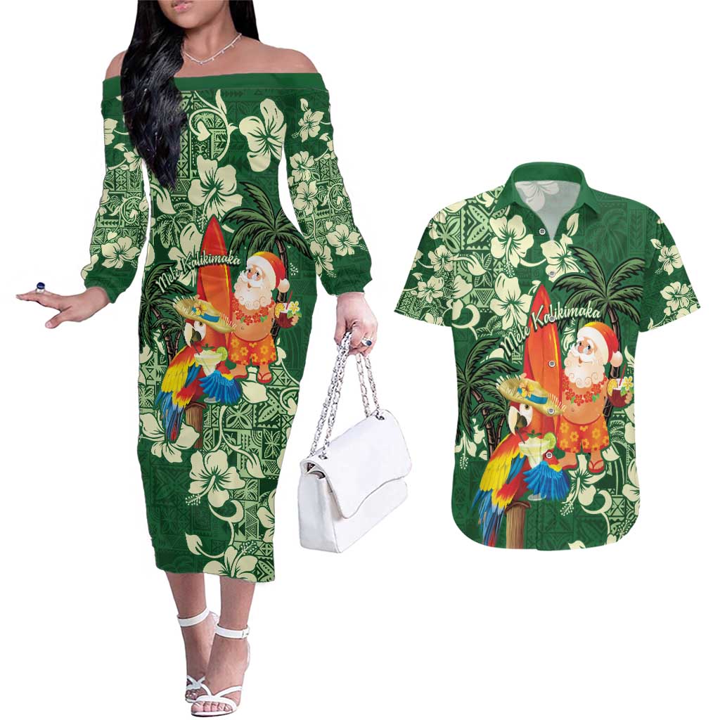 Moss Green Tropical Christmas Hawaii Tapa Couples Matching Off The Shoulder Long Sleeve Dress and Hawaiian Shirt Aloha Santa Drink Party - Polynesian Pride