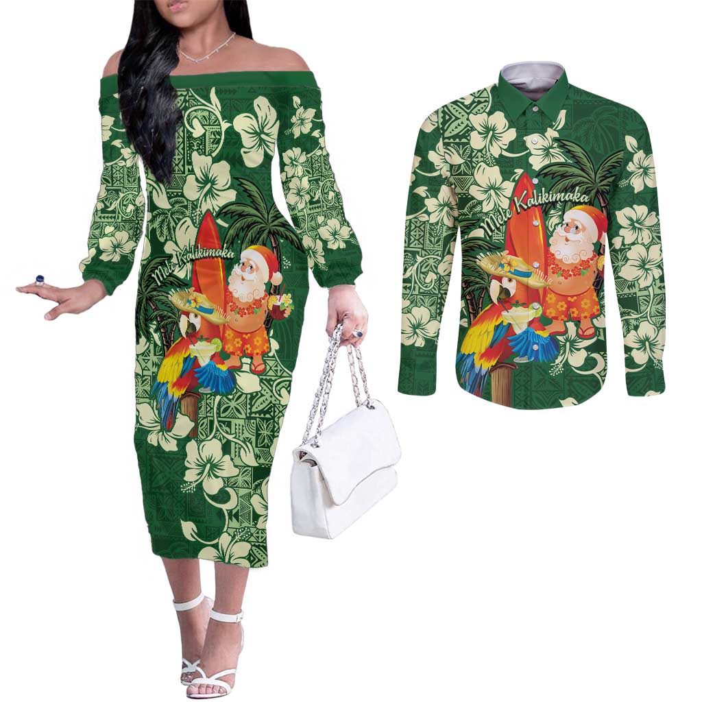 Moss Green Tropical Christmas Hawaii Tapa Couples Matching Off The Shoulder Long Sleeve Dress and Long Sleeve Button Shirt Aloha Santa Drink Party LT7 Green - Polynesian Pride