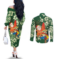 Moss Green Tropical Christmas Hawaii Tapa Couples Matching Off The Shoulder Long Sleeve Dress and Long Sleeve Button Shirt Aloha Santa Drink Party LT7 - Polynesian Pride