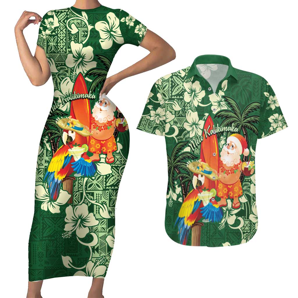 Moss Green Tropical Christmas Hawaii Tapa Couples Matching Short Sleeve Bodycon Dress and Hawaiian Shirt Aloha Santa Drink Party - Polynesian Pride