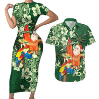 Moss Green Tropical Christmas Hawaii Tapa Couples Matching Short Sleeve Bodycon Dress and Hawaiian Shirt Aloha Santa Drink Party LT7 Green - Polynesian Pride