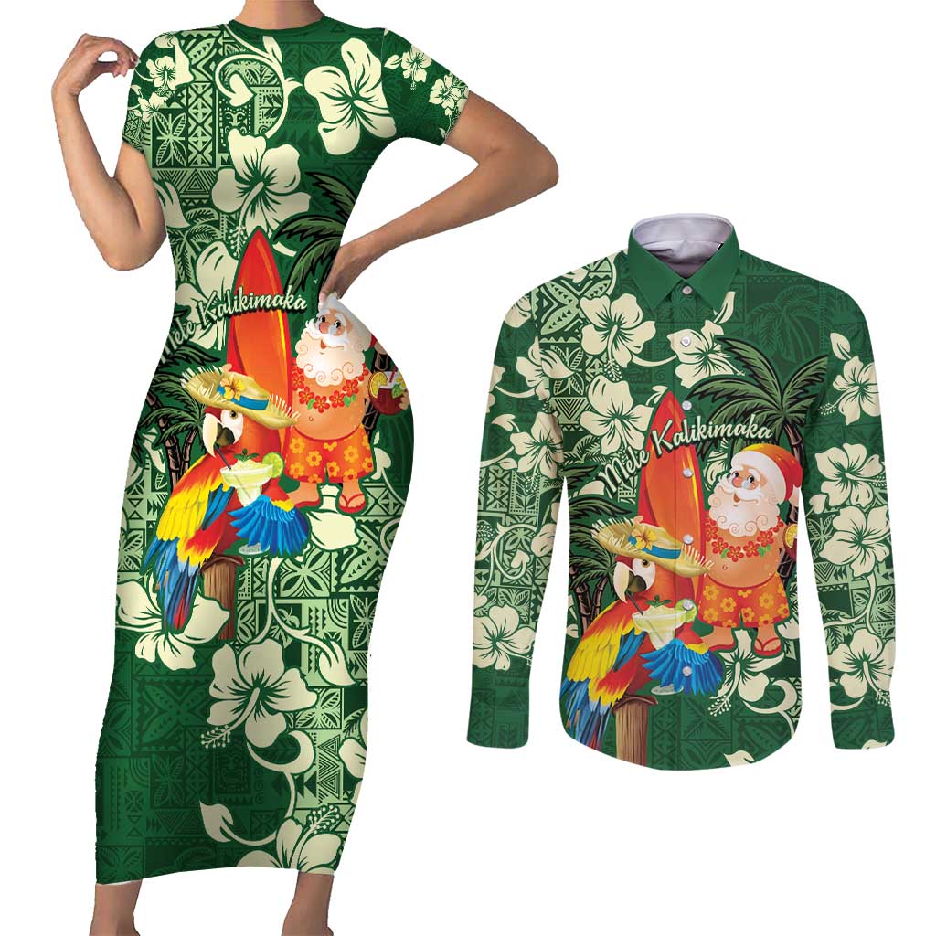 Moss Green Tropical Christmas Hawaii Tapa Couples Matching Short Sleeve Bodycon Dress and Long Sleeve Button Shirt Aloha Santa Drink Party LT7 Green - Polynesian Pride