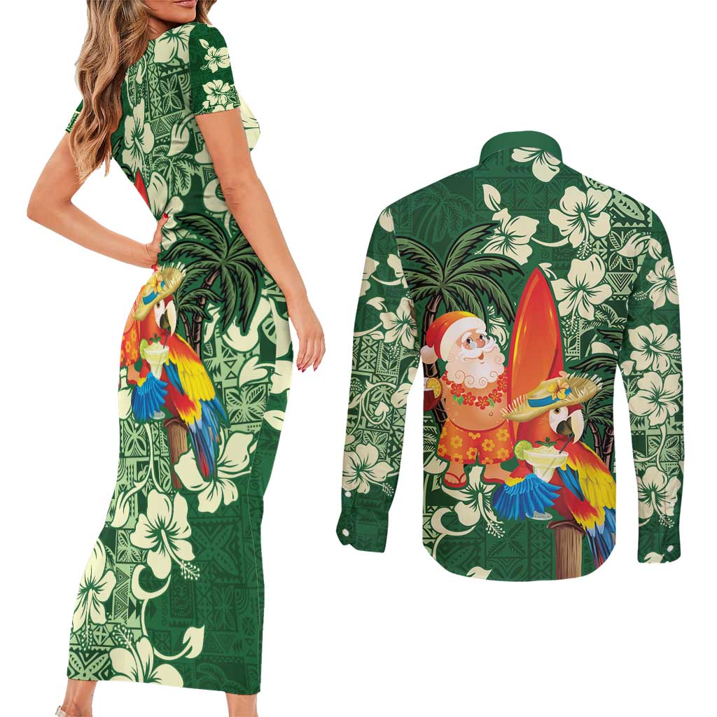 Moss Green Tropical Christmas Hawaii Tapa Couples Matching Short Sleeve Bodycon Dress and Long Sleeve Button Shirt Aloha Santa Drink Party LT7 - Polynesian Pride