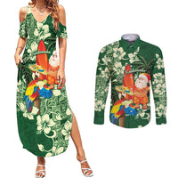 Moss Green Tropical Christmas Hawaii Tapa Couples Matching Summer Maxi Dress and Long Sleeve Button Shirt Aloha Santa Drink Party LT7 Green - Polynesian Pride