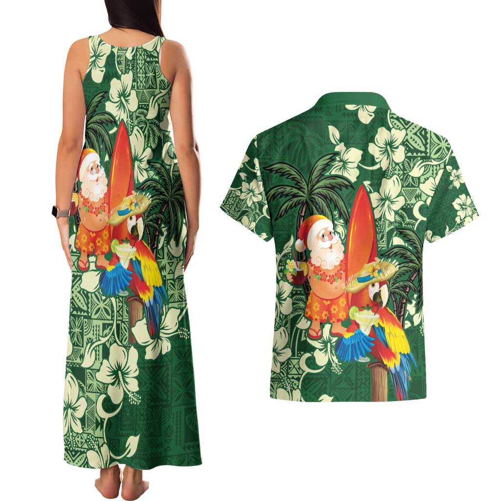 Moss Green Tropical Christmas Hawaii Tapa Couples Matching Tank Maxi Dress and Hawaiian Shirt Aloha Santa Drink Party LT7 - Polynesian Pride