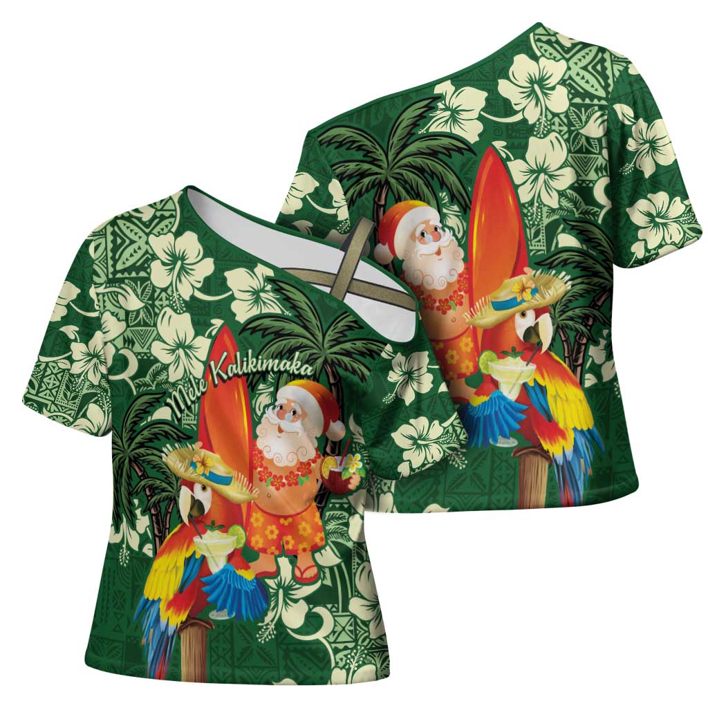 Moss Green Tropical Christmas Hawaii Tapa Cross Shoulder Shirt Aloha Santa Drink Party - Polynesian Pride