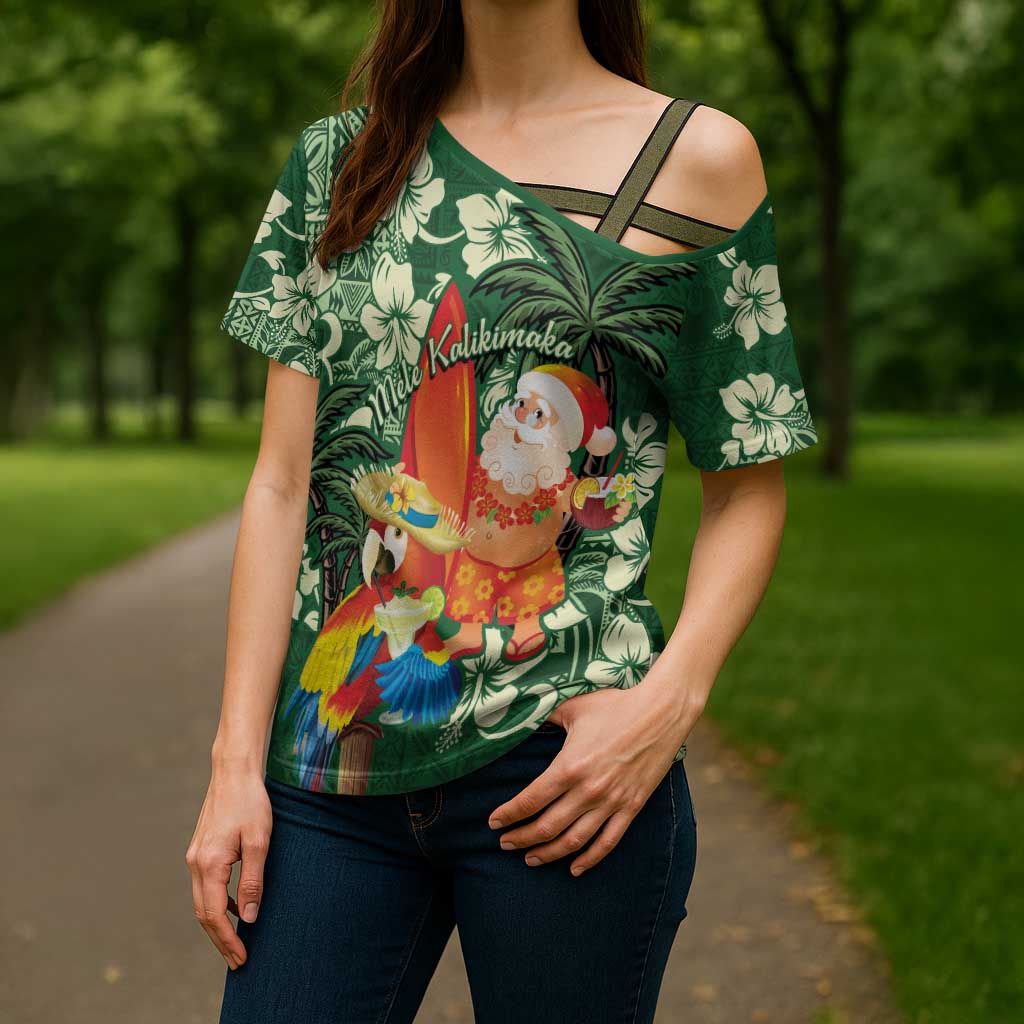 Moss Green Tropical Christmas Hawaii Tapa Cross Shoulder Shirt Aloha Santa Drink Party - Polynesian Pride