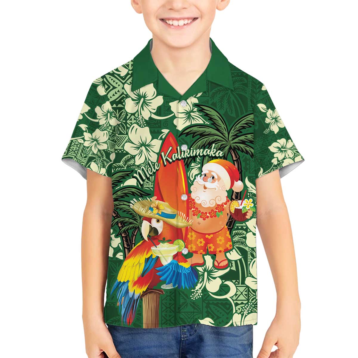 Moss Green Tropical Christmas Hawaii Tapa Family Matching Off The Shoulder Long Sleeve Dress and Hawaiian Shirt Aloha Santa Drink Party - Polynesian Pride