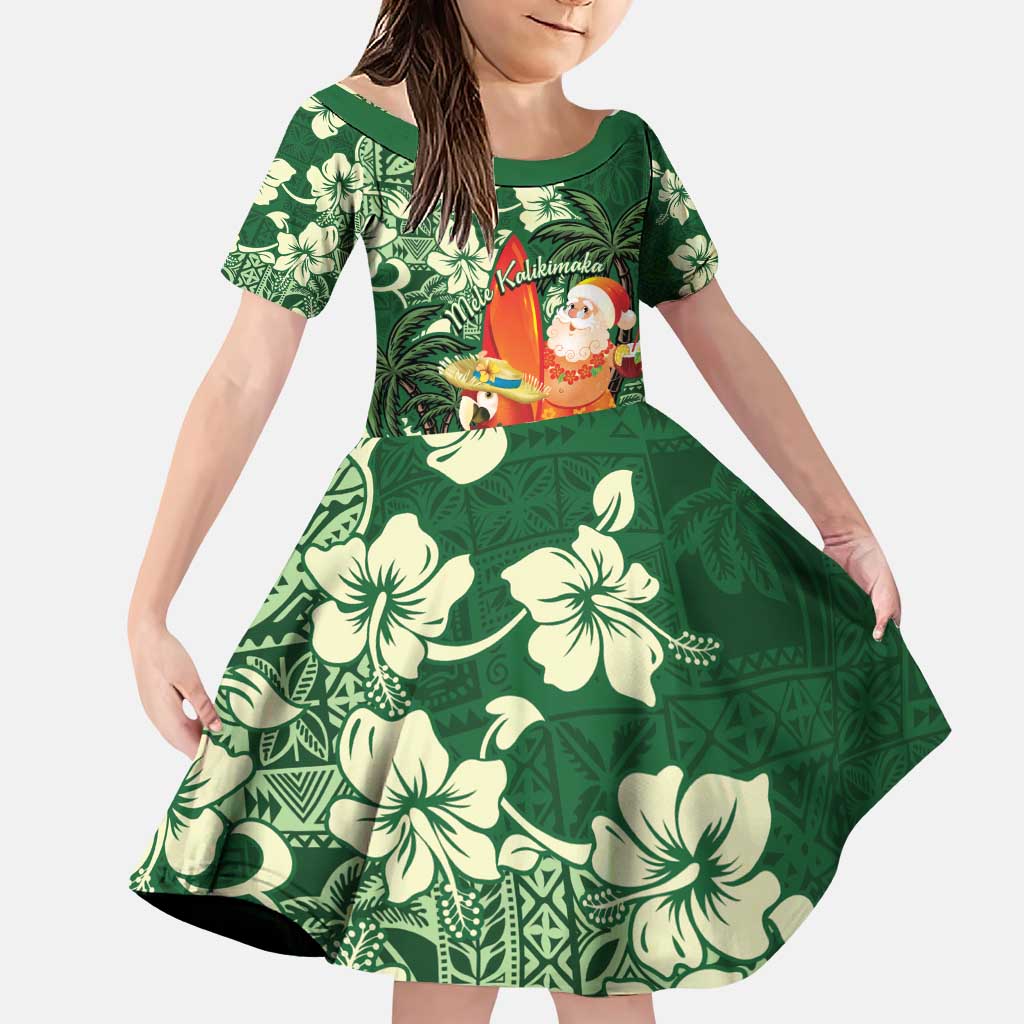 Moss Green Tropical Christmas Hawaii Tapa Family Matching Puletasi and Hawaiian Shirt Aloha Santa Drink Party LT7 Daughter's Dress Green - Polynesian Pride