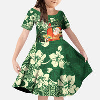 Moss Green Tropical Christmas Hawaii Tapa Family Matching Puletasi and Hawaiian Shirt Aloha Santa Drink Party LT7 Daughter's Dress Green - Polynesian Pride