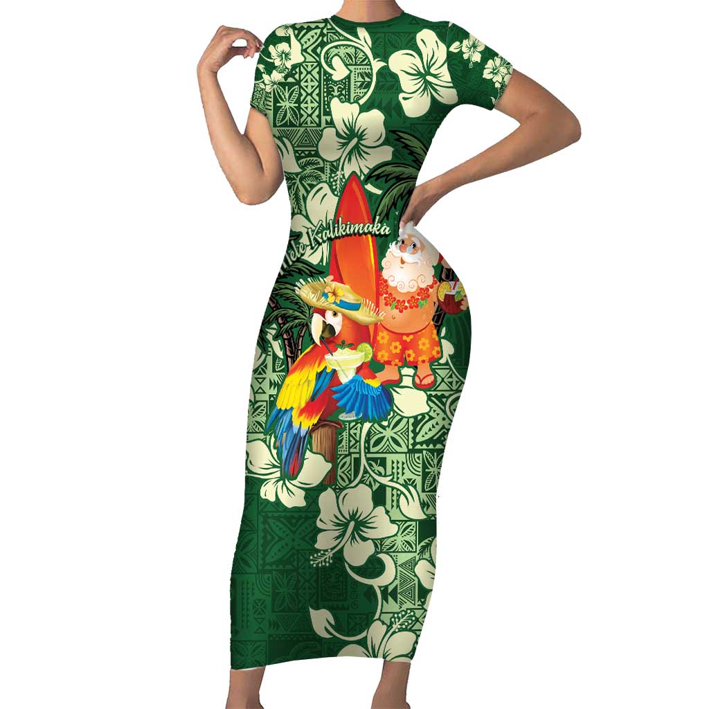 Moss Green Tropical Christmas Hawaii Tapa Family Matching Short Sleeve Bodycon Dress and Hawaiian Shirt Aloha Santa Drink Party LT7 Mom's Dress Green - Polynesian Pride
