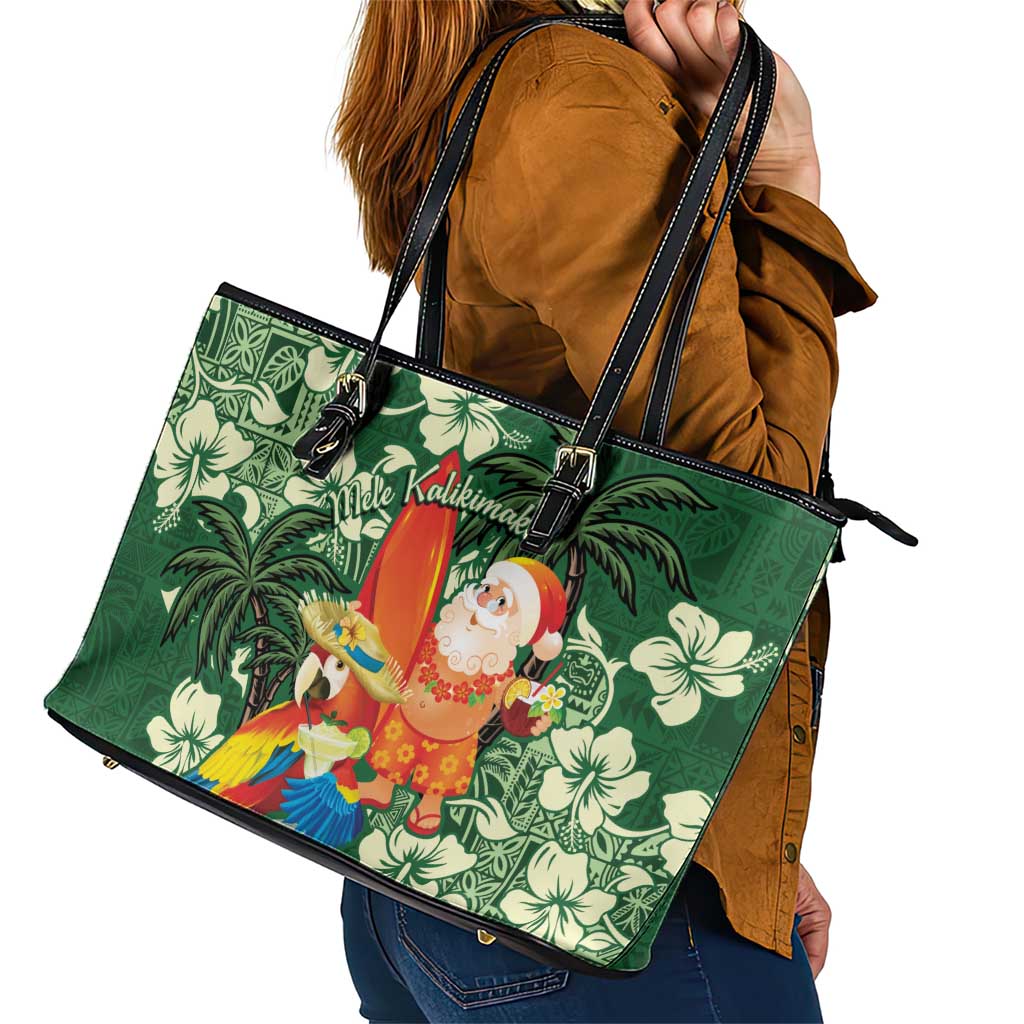 Moss Green Tropical Christmas Hawaii Tapa Leather Tote Bag Aloha Santa Drink Party - Polynesian Pride